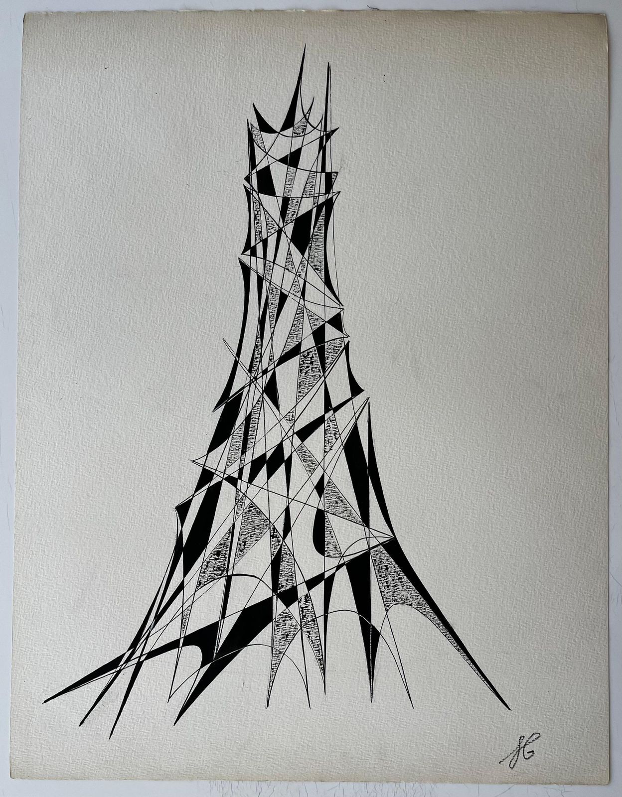 Serge Guerin (1916)mid Century French Architectural Abstract Ink Drawing Tower Form Signed Sg photo furniture