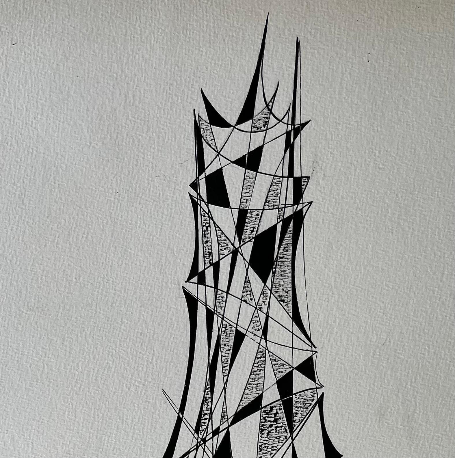 Serge Guerin (1916)mid Century French Architectural Abstract Ink Drawing Tower Form Signed Sg photo for sale