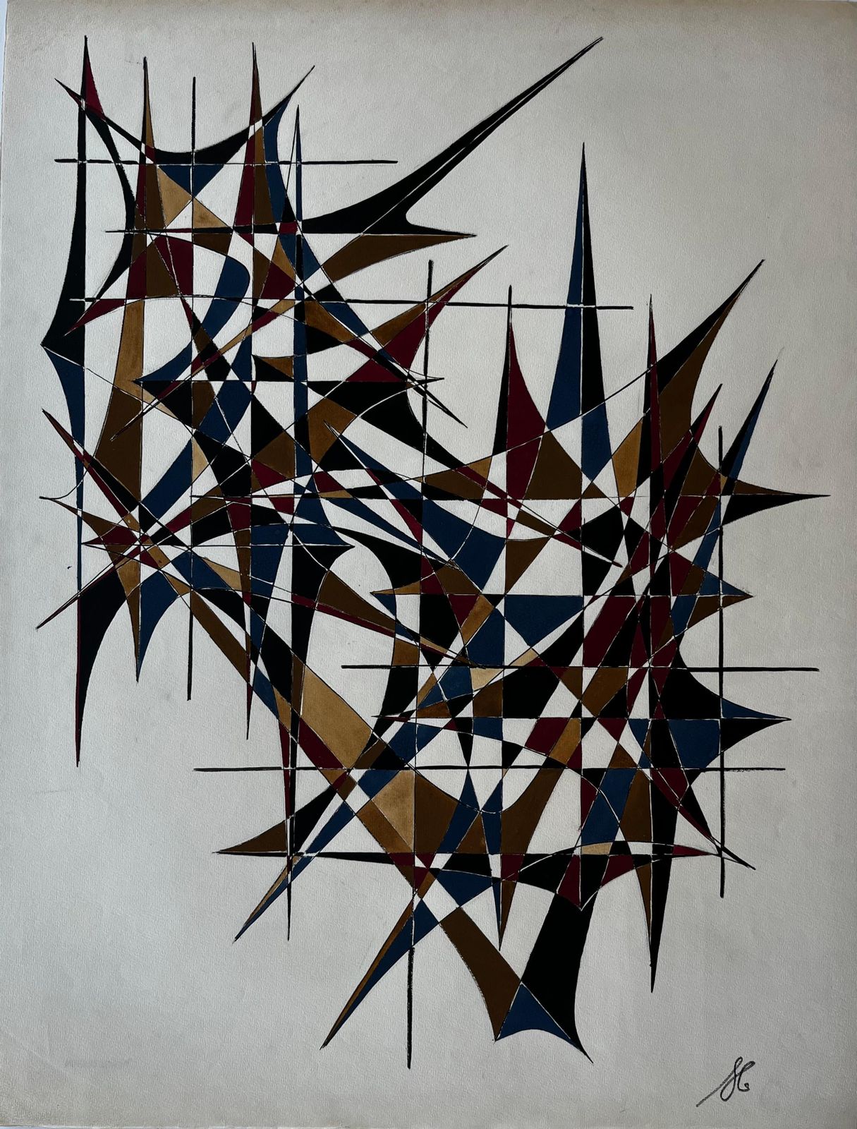 Serge Guerin (1916)mid Century French Geometric Abstract In Gold Blue And Red Signed Dated 19691969