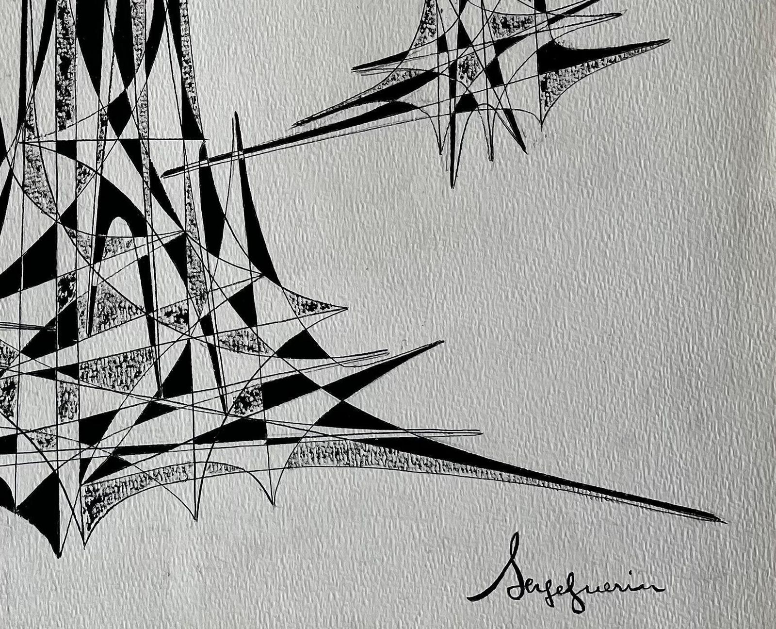 Serge Guerin (1916)mid Century French Abstract Architectural Ink Drawing Signed Serge Guerin photo for sale