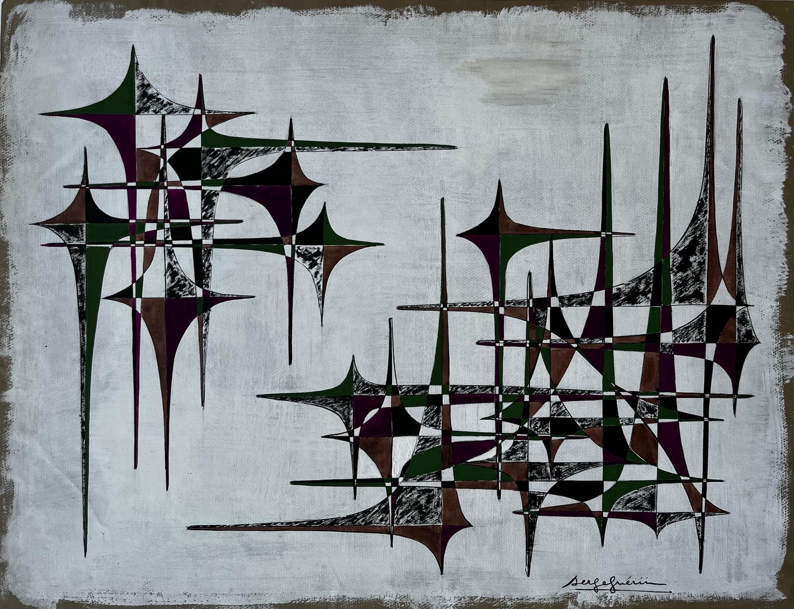 Serge Guerin (1916)mid Century French Geometric Abstract In Green Brown And Purple