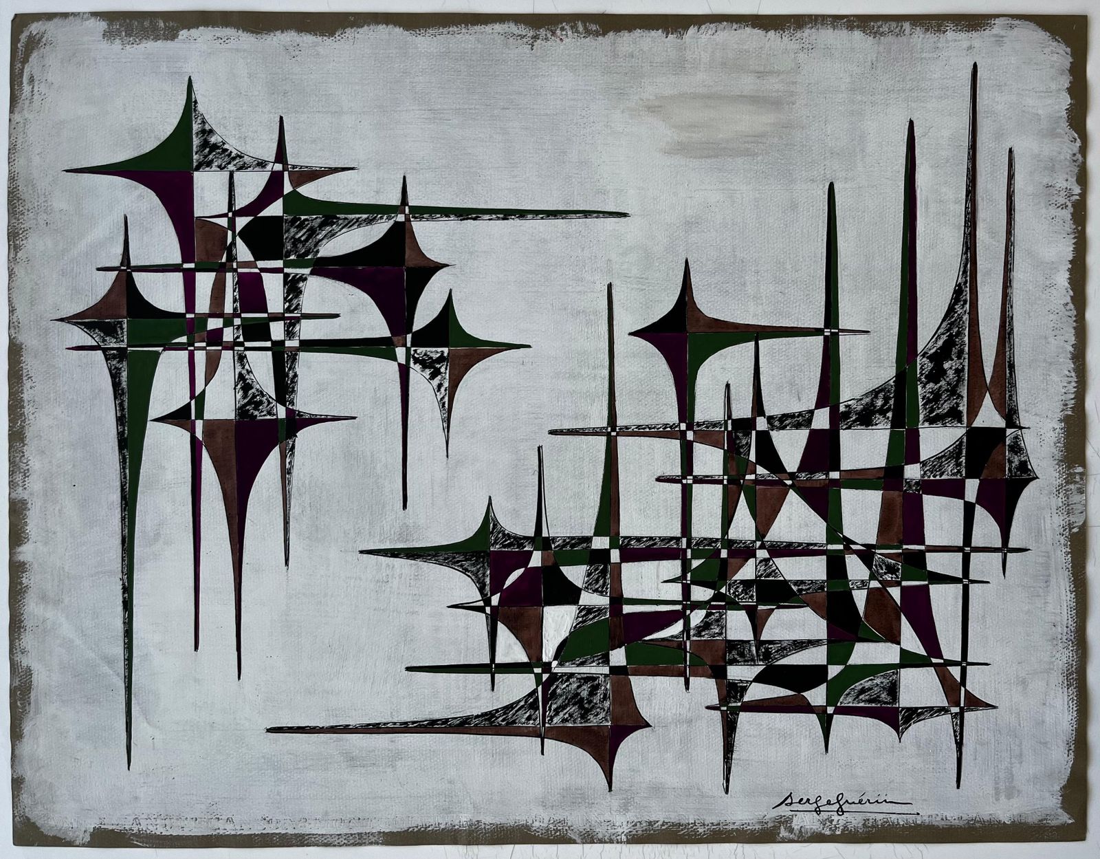 Serge Guerin (1916)mid Century French Geometric Abstract In Green Brown And Purple photo furniture