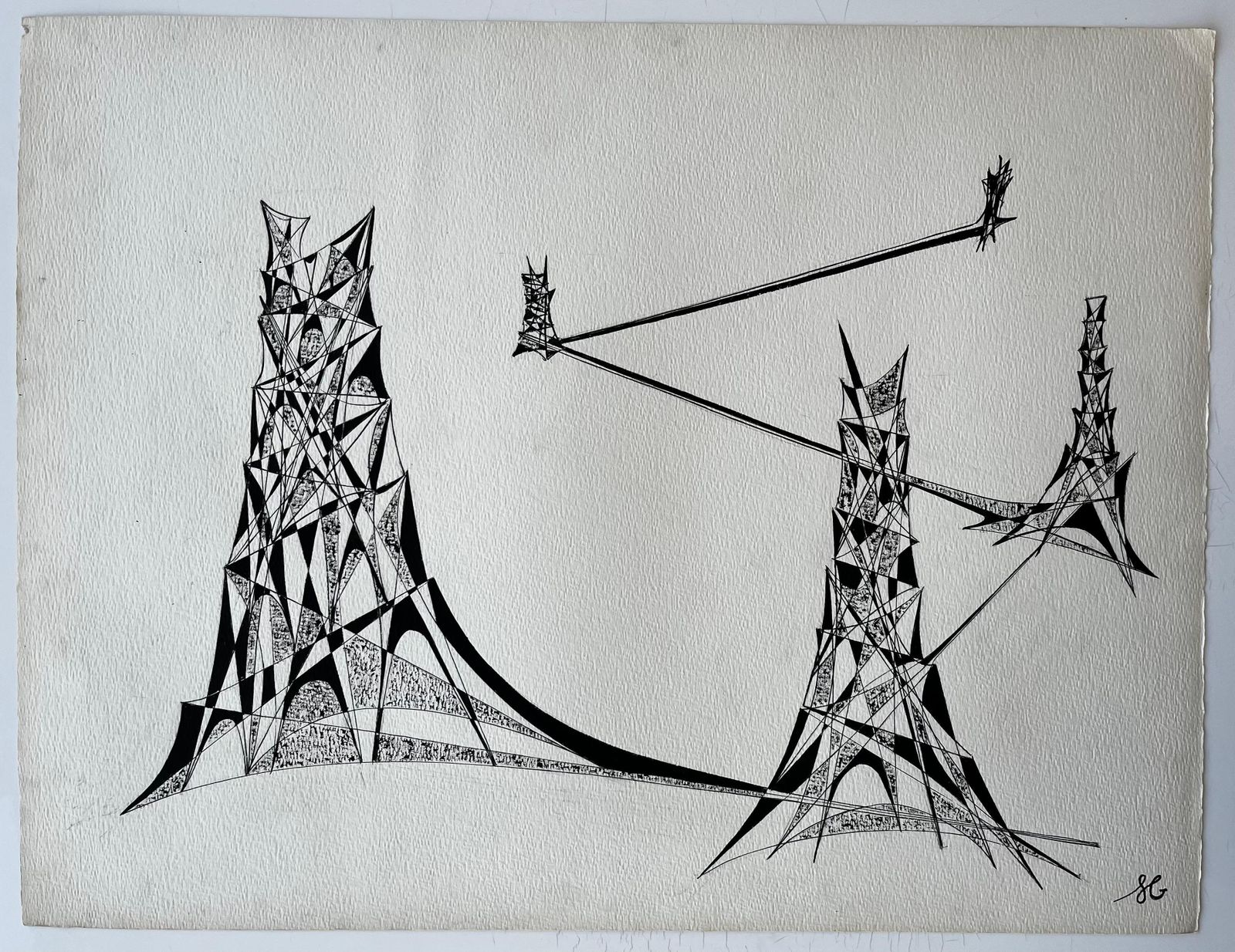 Serge Guerin (1916)mid Century French Abstract Architectural Drawing In Black Ink photo for sale