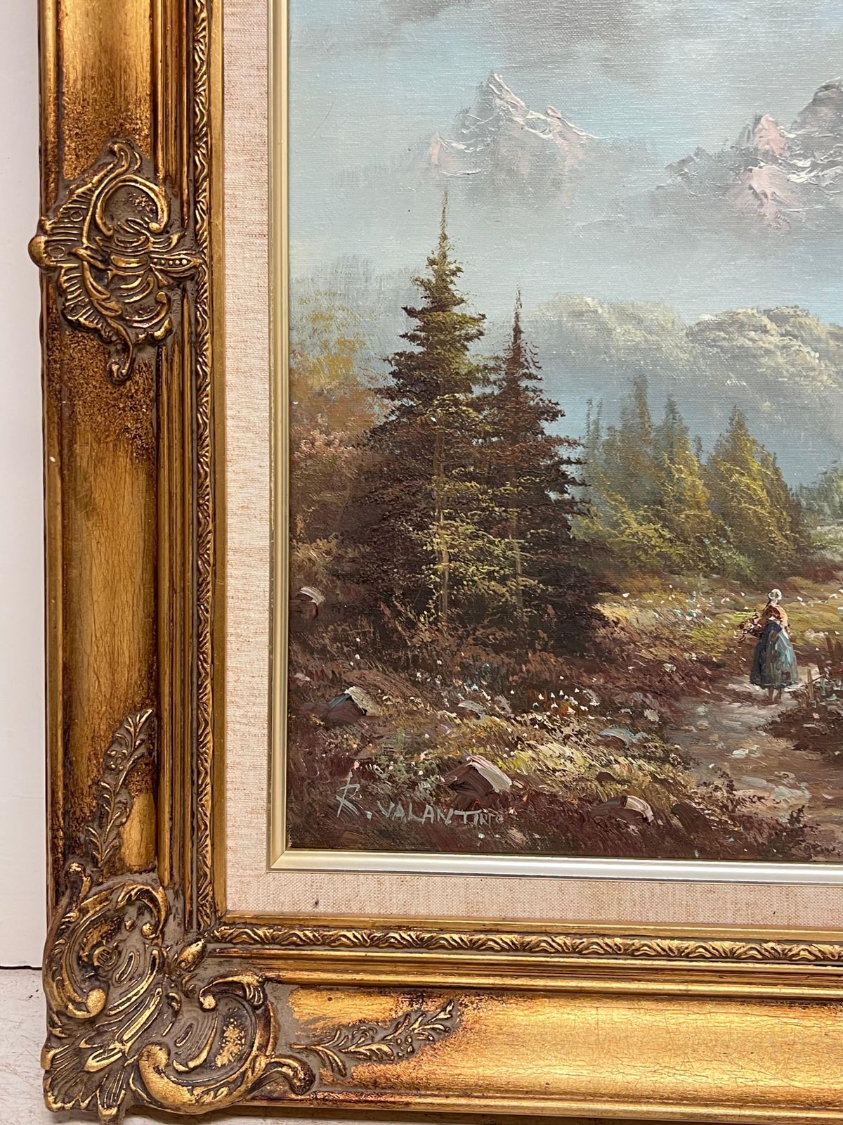 Italian Artistlarge Italian Alpine Mountain Scene Snow Capped Mountains Signed Oil Painting photo vinterior