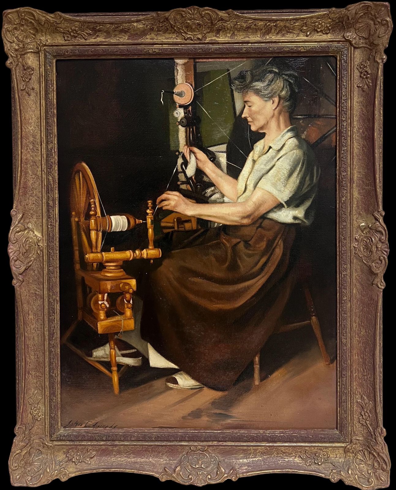 John Edwardstraditional English Oil Painting Rural Crafts Portrait Women At Spinning Wheel