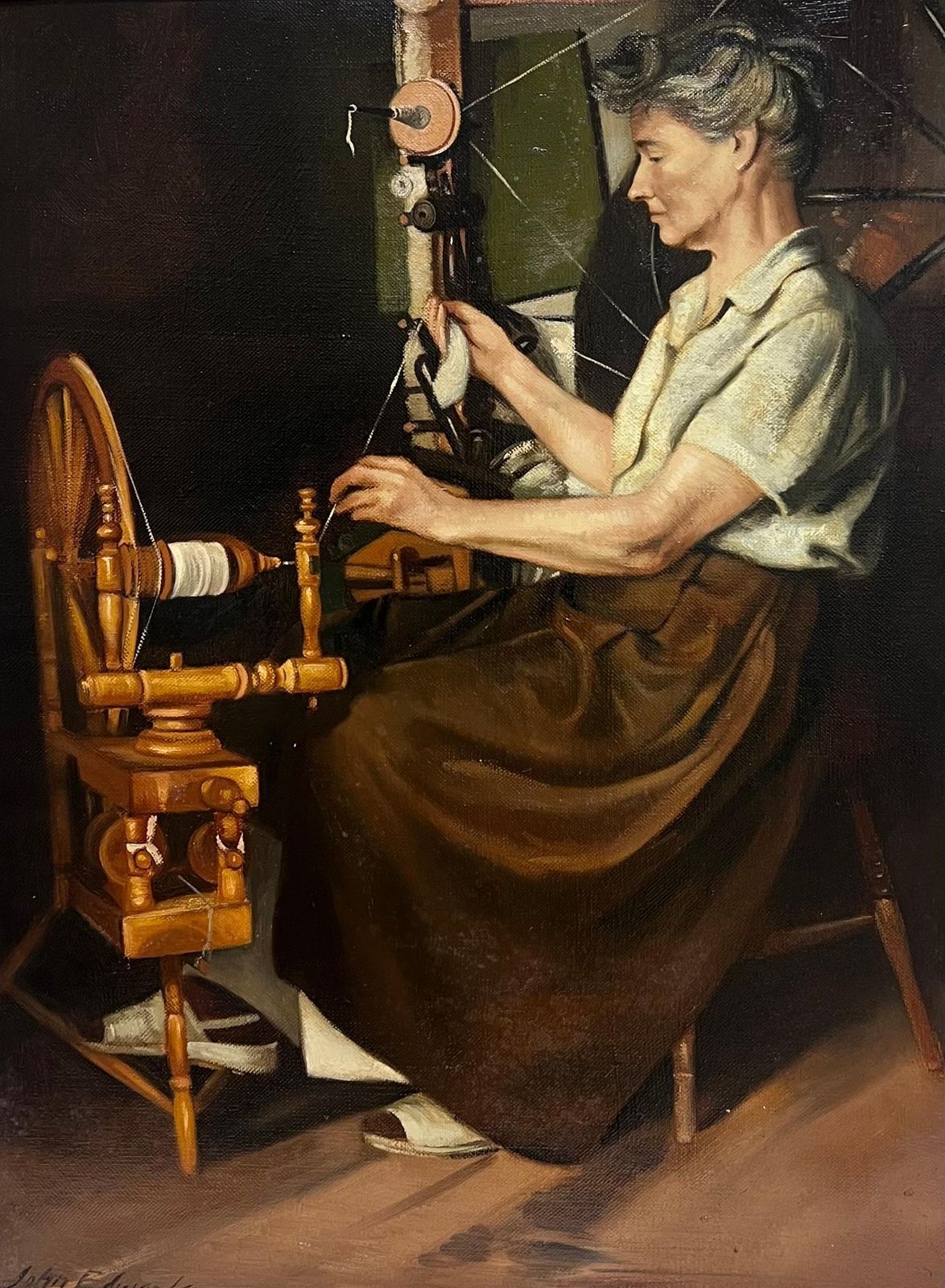 John Edwardstraditional English Oil Painting Rural Crafts Portrait Women At Spinning Wheel photo furniture