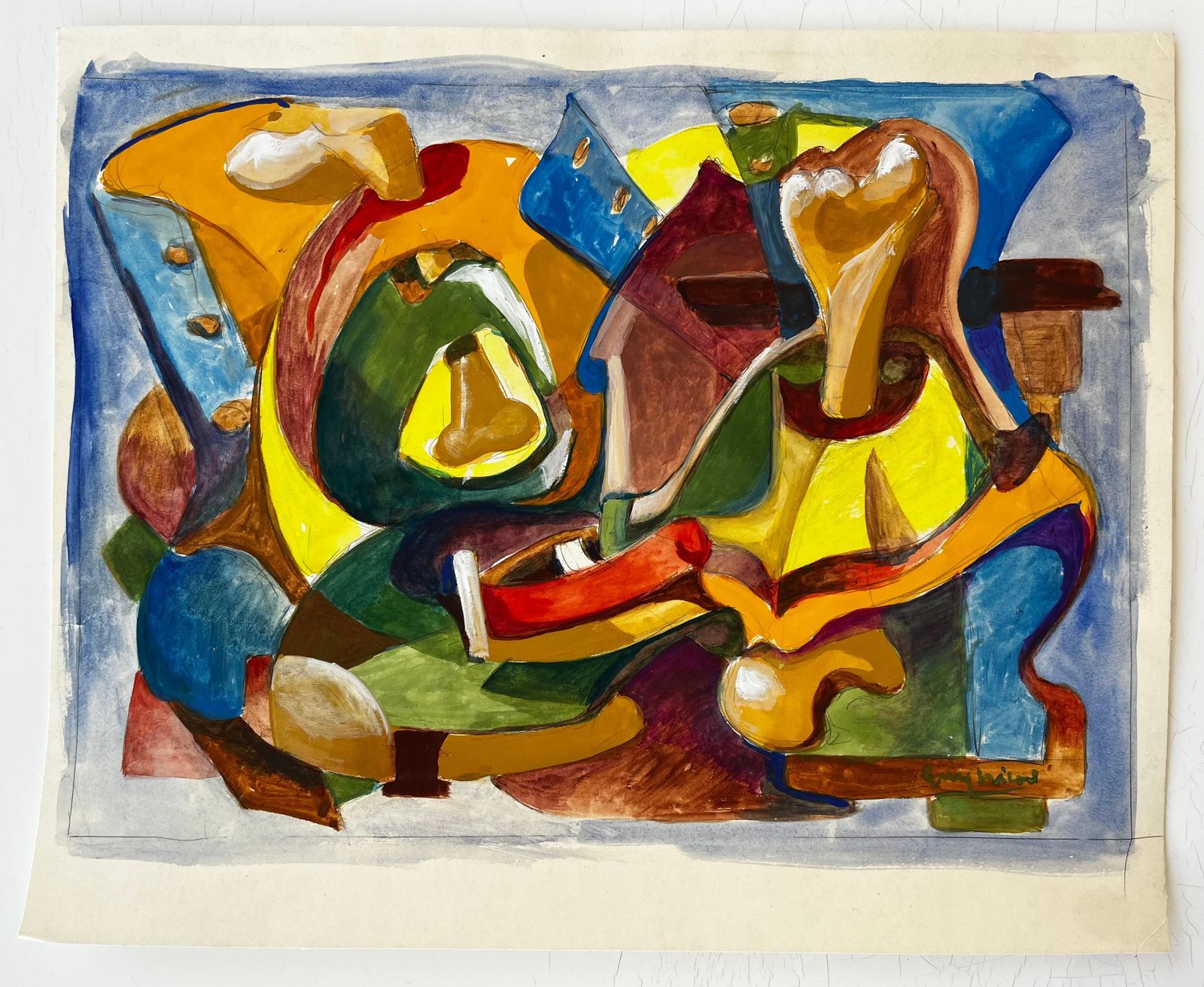 Abstract Composition In Yellow And Blue French Modernist Gouache By Guy Nicod photo furniture