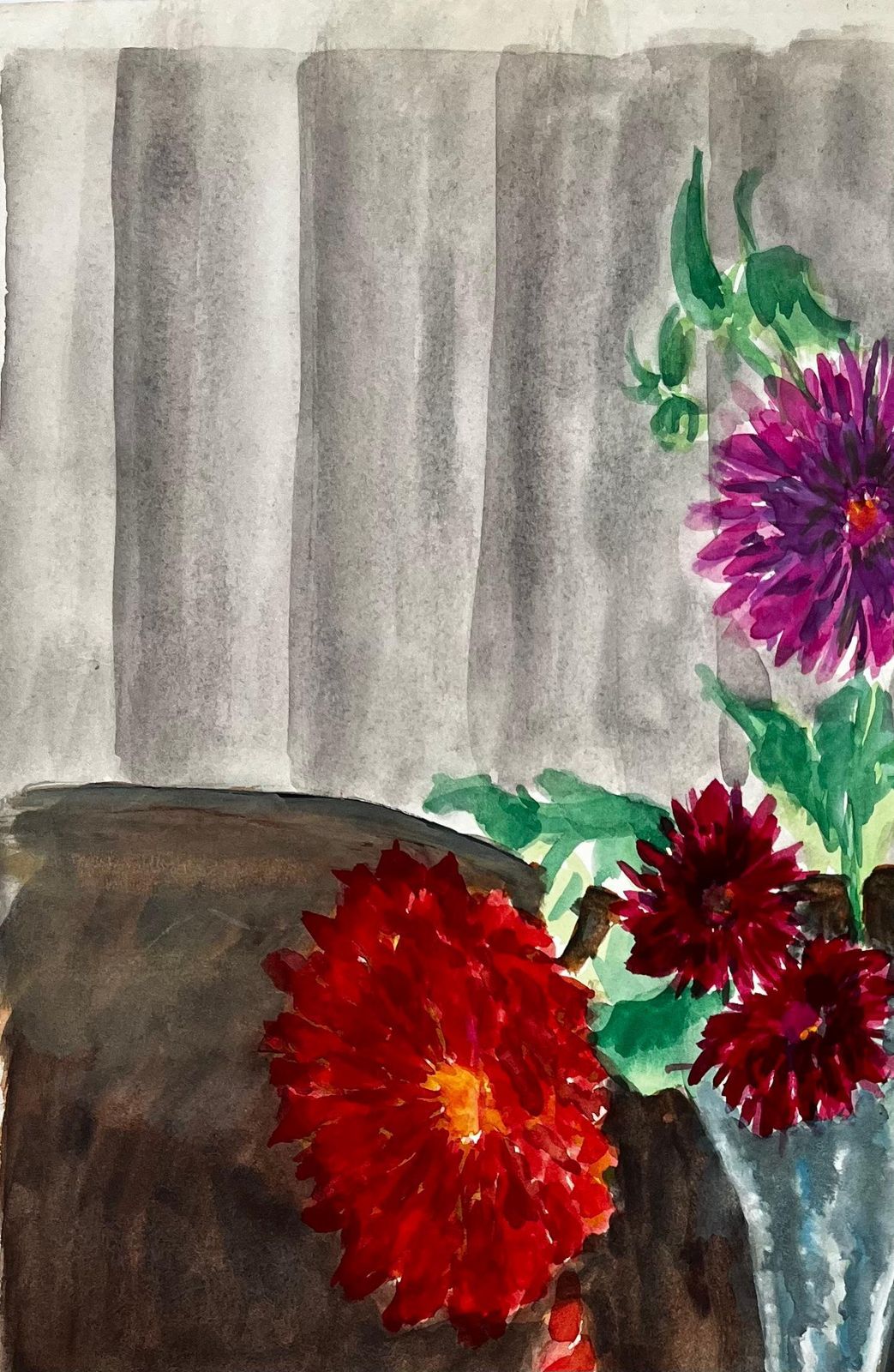 Guy Nicodstill Life With Dahlias In A Glass Vase French Modernist Watercolour Gouache photo Art