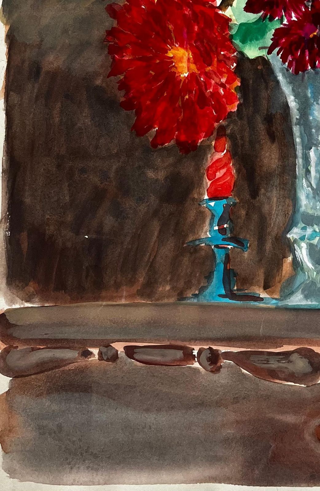 Guy Nicodstill Life With Dahlias In A Glass Vase French Modernist Watercolour Gouache photo vinterior