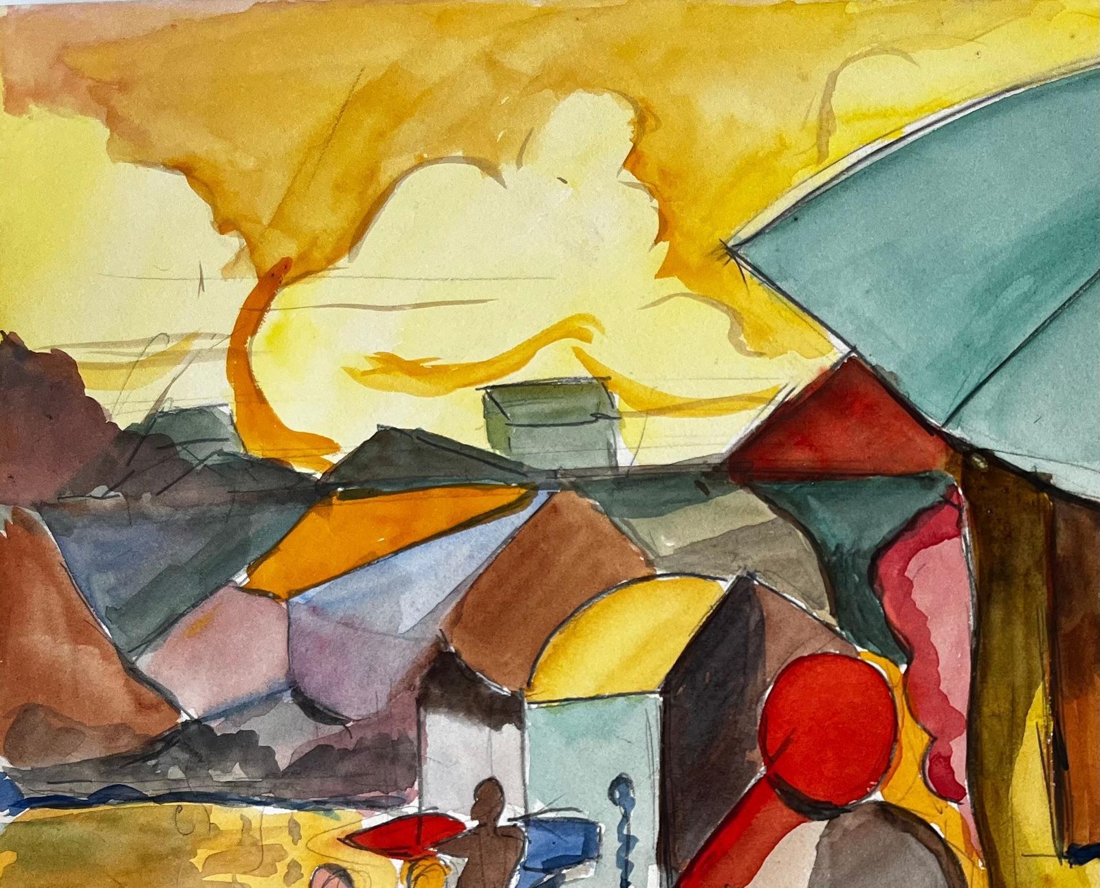Guy Nicodfigures Under A Parasol French Modernist Market Scene Watercolour Gouache photo 495.0