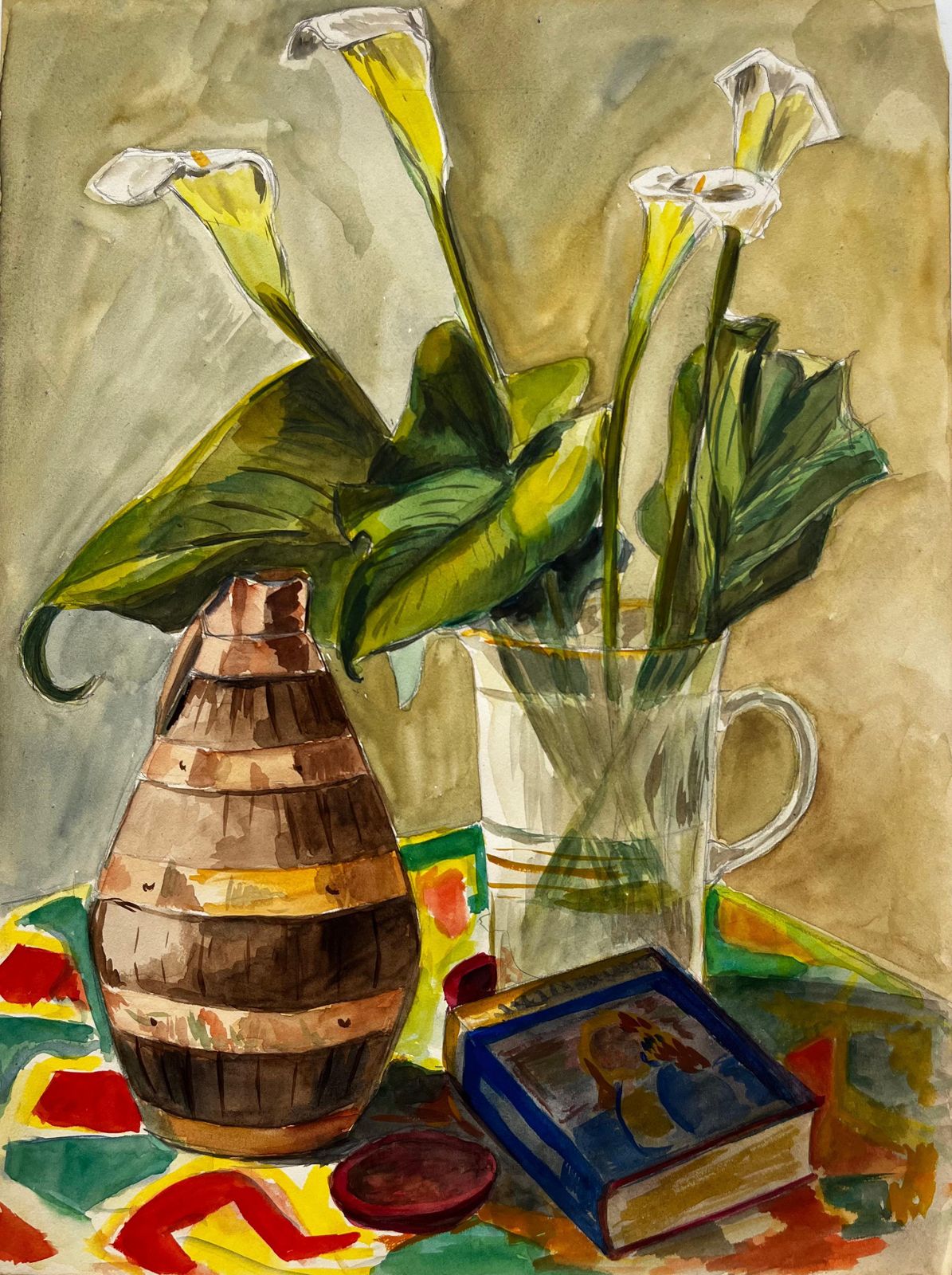 Guy Nicodstill Life With Calla Lilies And Ceramic Vase French Modernist Gouache