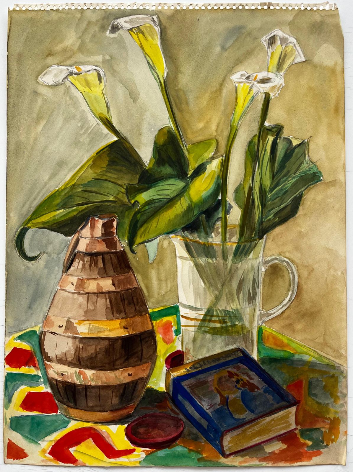 Guy Nicodstill Life With Calla Lilies And Ceramic Vase French Modernist Gouache photo furniture