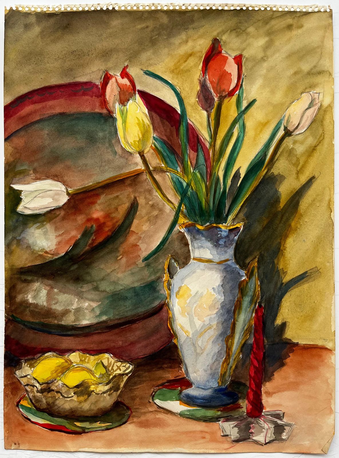 Guy Nicodstill Life With Tulips, Lemons And Red Candle French Modernist Gouache photo furniture
