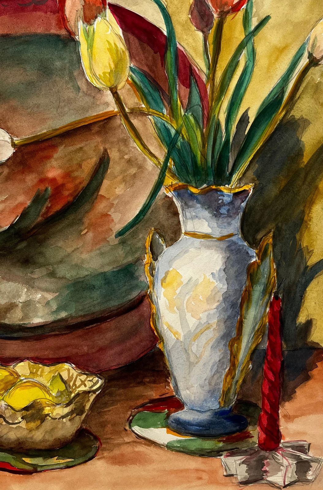 Guy Nicodstill Life With Tulips, Lemons And Red Candle French Modernist Gouache photo buy