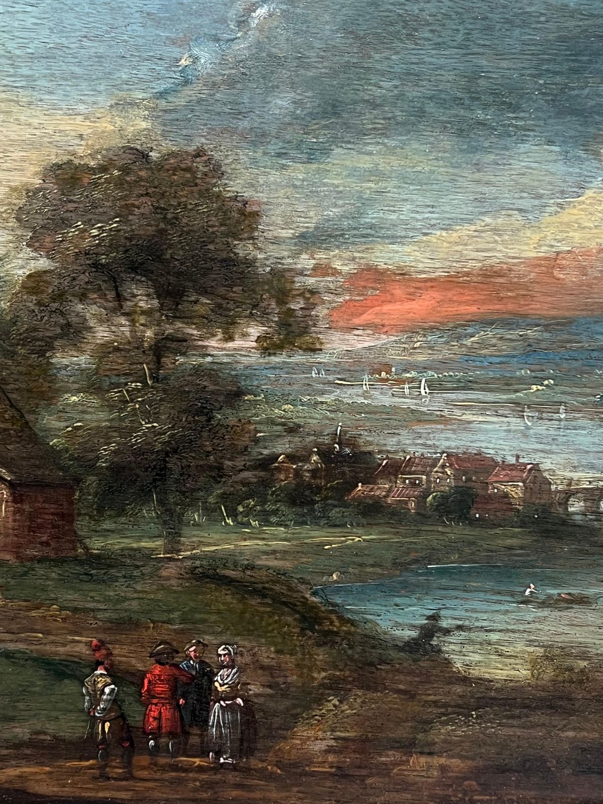 Dutch 17th Century17th Century Dutch Oil Painting Figures Outside Building In Ancient Landscape photo vinterior