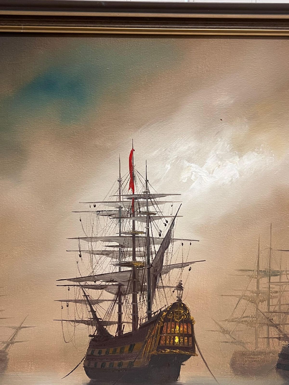 Hiltontraditional English Maritime Oil Painting Misty Harbour Tall Ships Anchored Dusk photo 1323.0