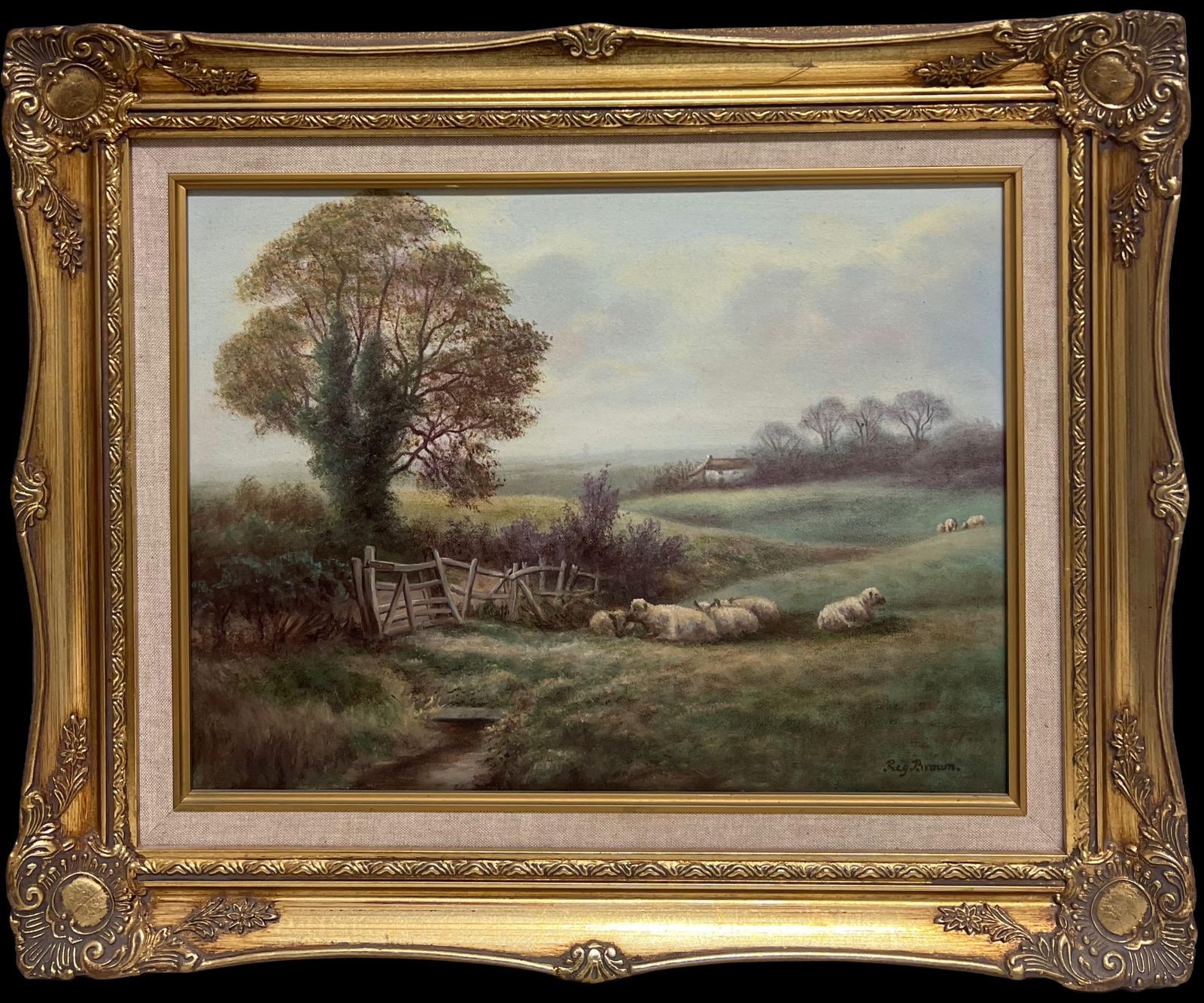 Reg Browntraditional English Rural Pastoral Tranquil Sheep In Meadows Signed Oil Painting