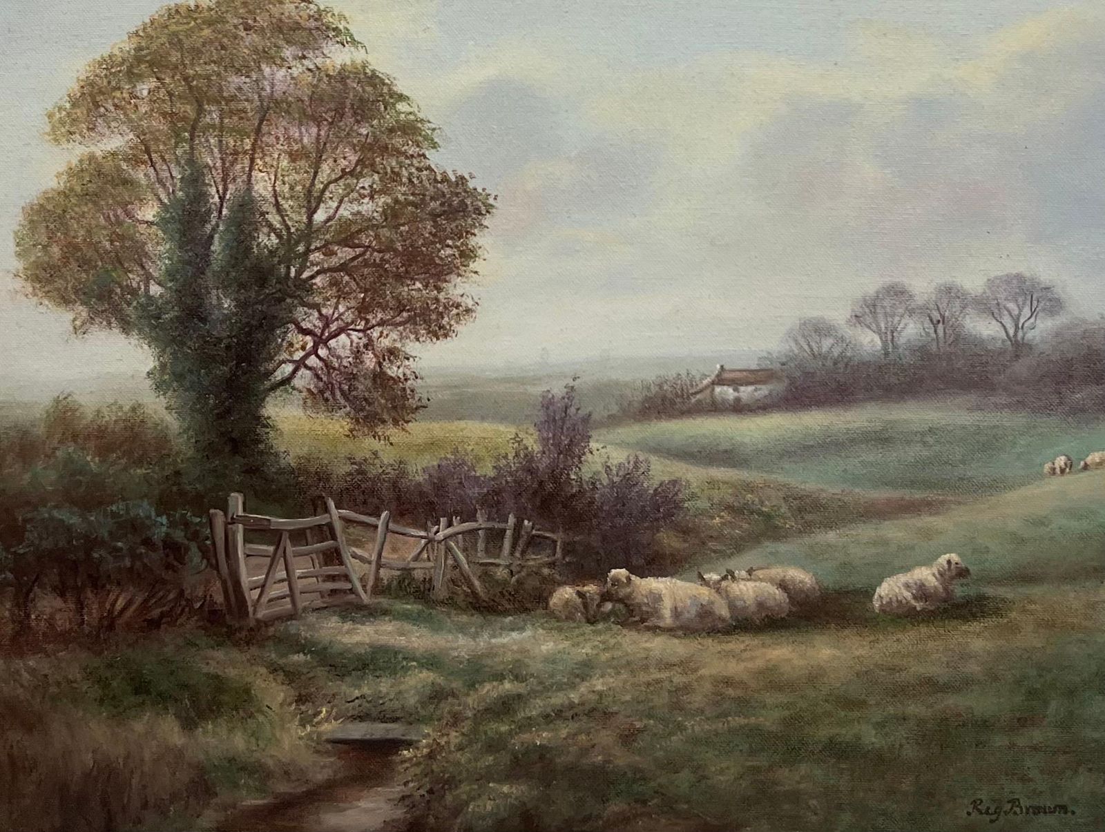 Reg Browntraditional English Rural Pastoral Tranquil Sheep In Meadows Signed Oil Painting photo furniture