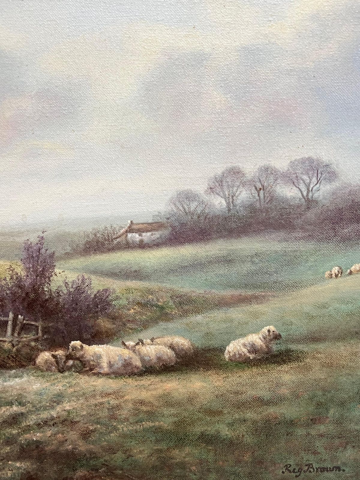 Reg Browntraditional English Rural Pastoral Tranquil Sheep In Meadows Signed Oil Painting photo Art
