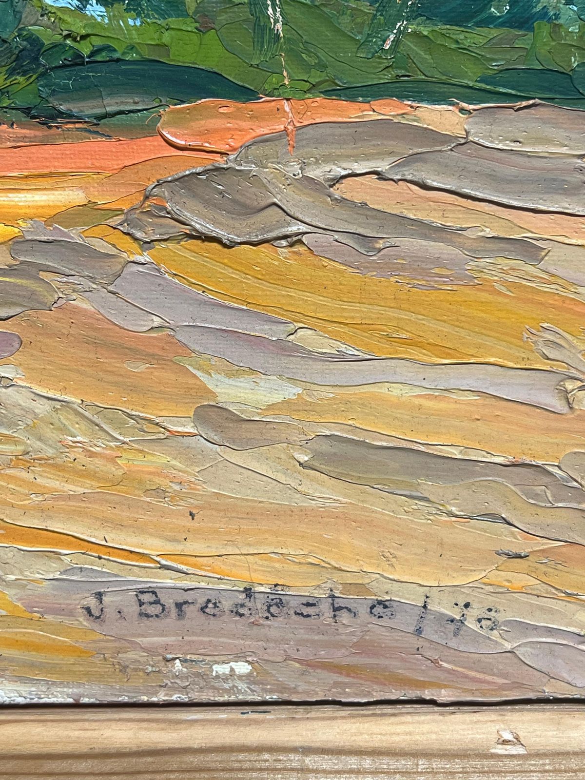 French School1970's Colorful Abstract Orange Field Landscape With Trees Textured Oil Painting1970's photo vintage
