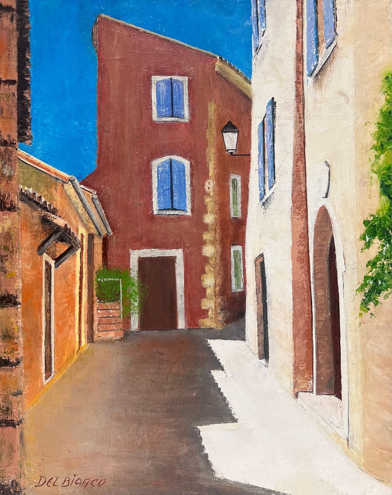 Del Biancovintage Spanish Signed Oil Painting Old Town Back Streets Dappled Light photo 800.0