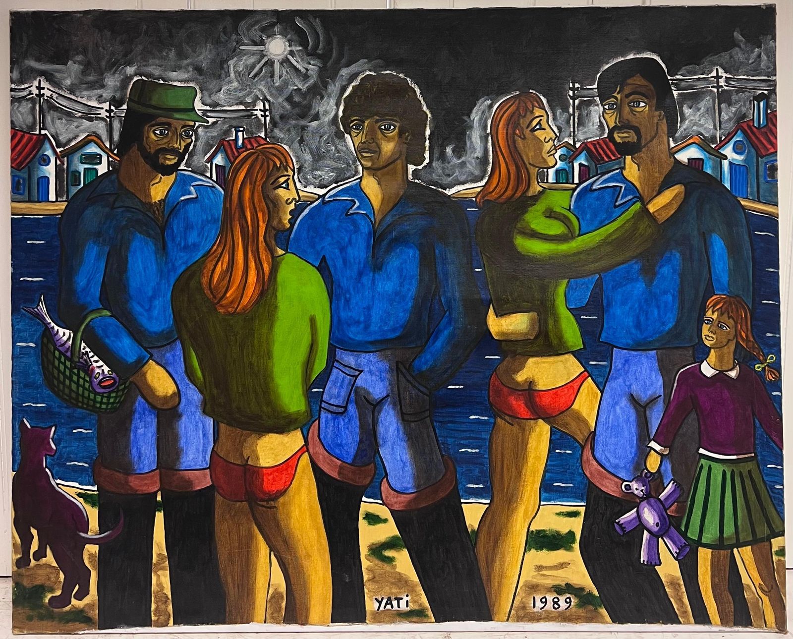 J. J. Polverellihuge French Modernist Signed Oil Painting Figures Outside Town At Night1989 photo 2239.0