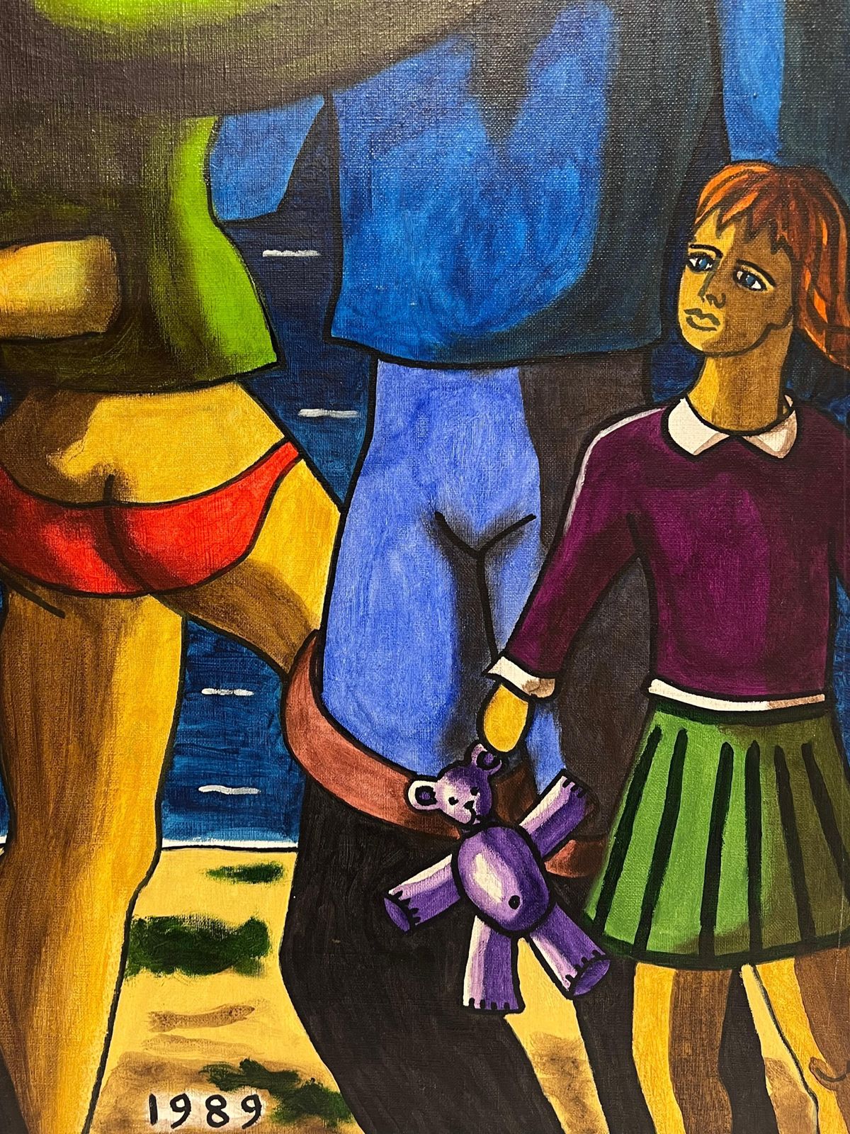 J. J. Polverellihuge French Modernist Signed Oil Painting Figures Outside Town At Night1989 photo buy