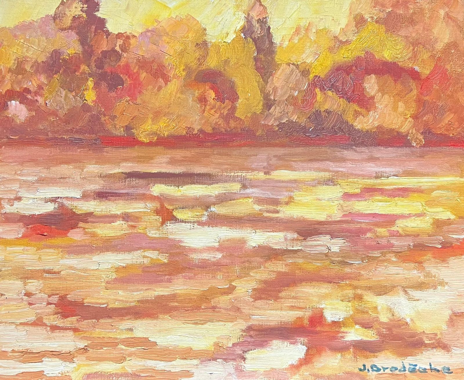 French Schoolvibrant Sunset Over Water Red Orange Yellow Impressionist Oil Painting 1970's1970's