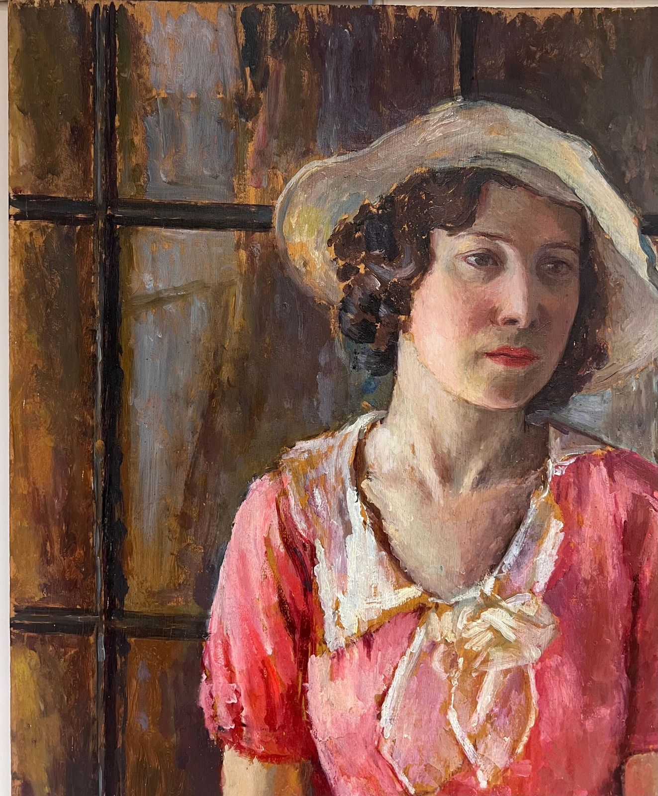1930's British Very Large 1930's English Oil Painting Wood Panel Portrait Of Country Lady Pink1930's photo for sale