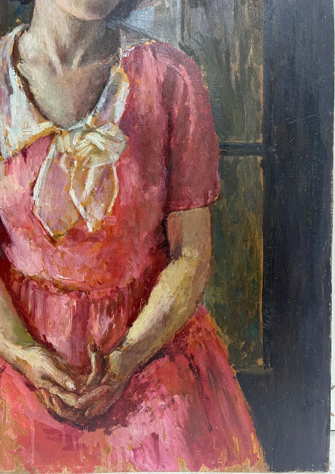 1930's British Very Large 1930's English Oil Painting Wood Panel Portrait Of Country Lady Pink1930's photo vintage