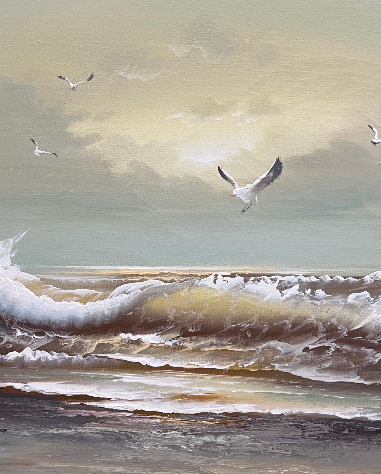 English Impressionistenglish Impressionist Signed Oil Painting Seagull Flying Rolling Sunset Waves photo for sale