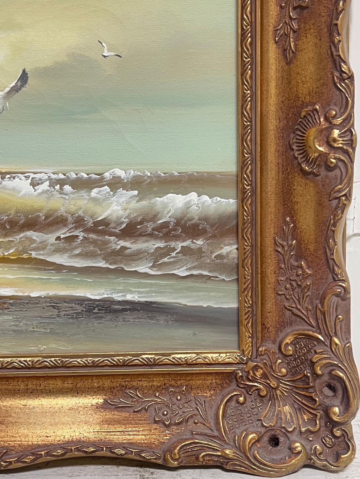 English Impressionistenglish Impressionist Signed Oil Painting Seagull Flying Rolling Sunset Waves photo vintage