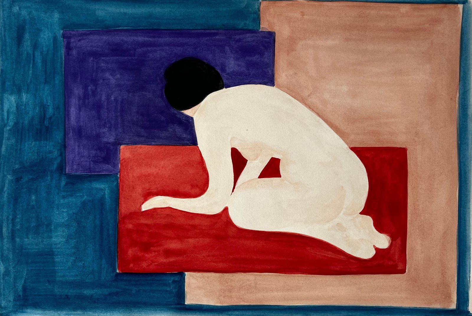 Seated Nude With Geometric Planes French Modernist Gouache By Guy Nicod