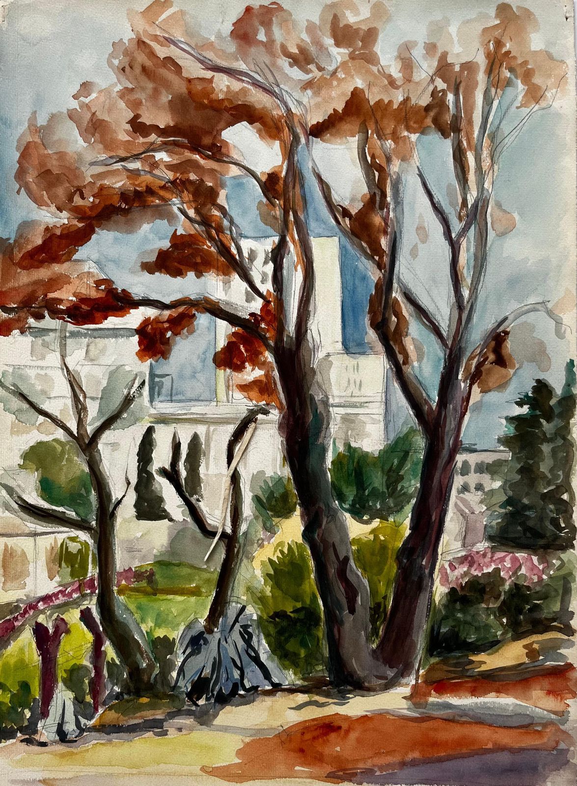 Guy Nicodautumn Trees In French Villa Garden Modernist Watercolour Landscape