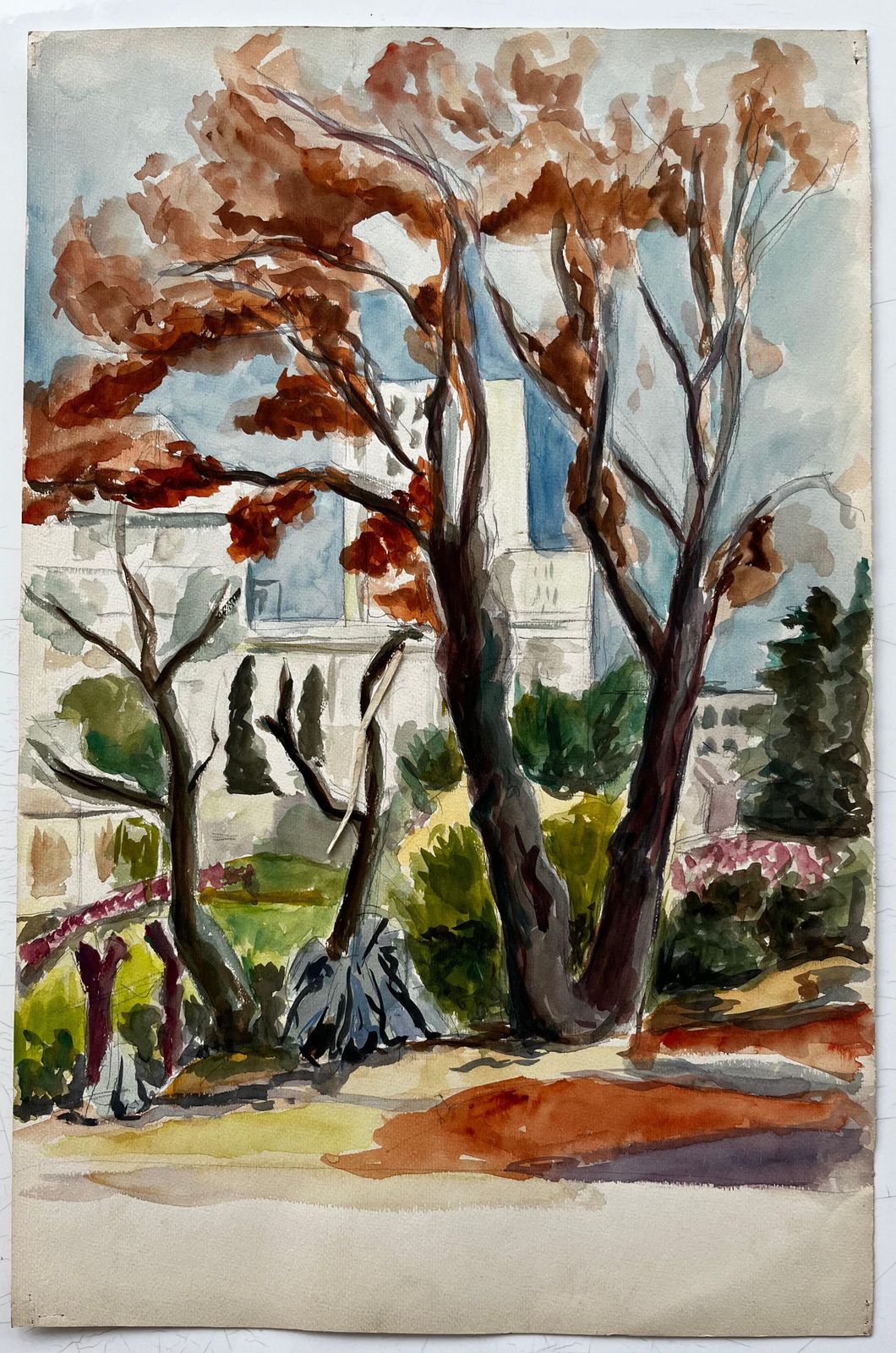 Guy Nicodautumn Trees In French Villa Garden Modernist Watercolour Landscape photo furniture