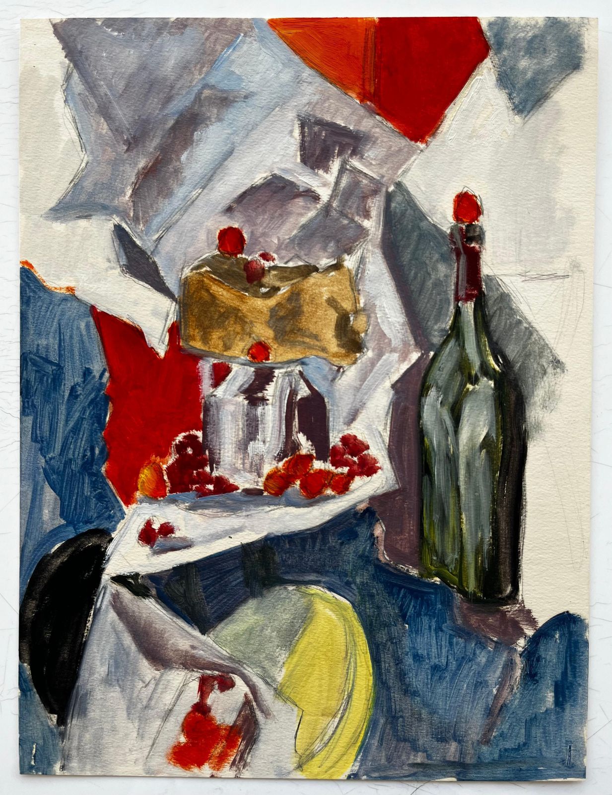 Guy Nicodmodernist Still Life With Wine Bottle Cake And Raspberries French Gouache photo furniture