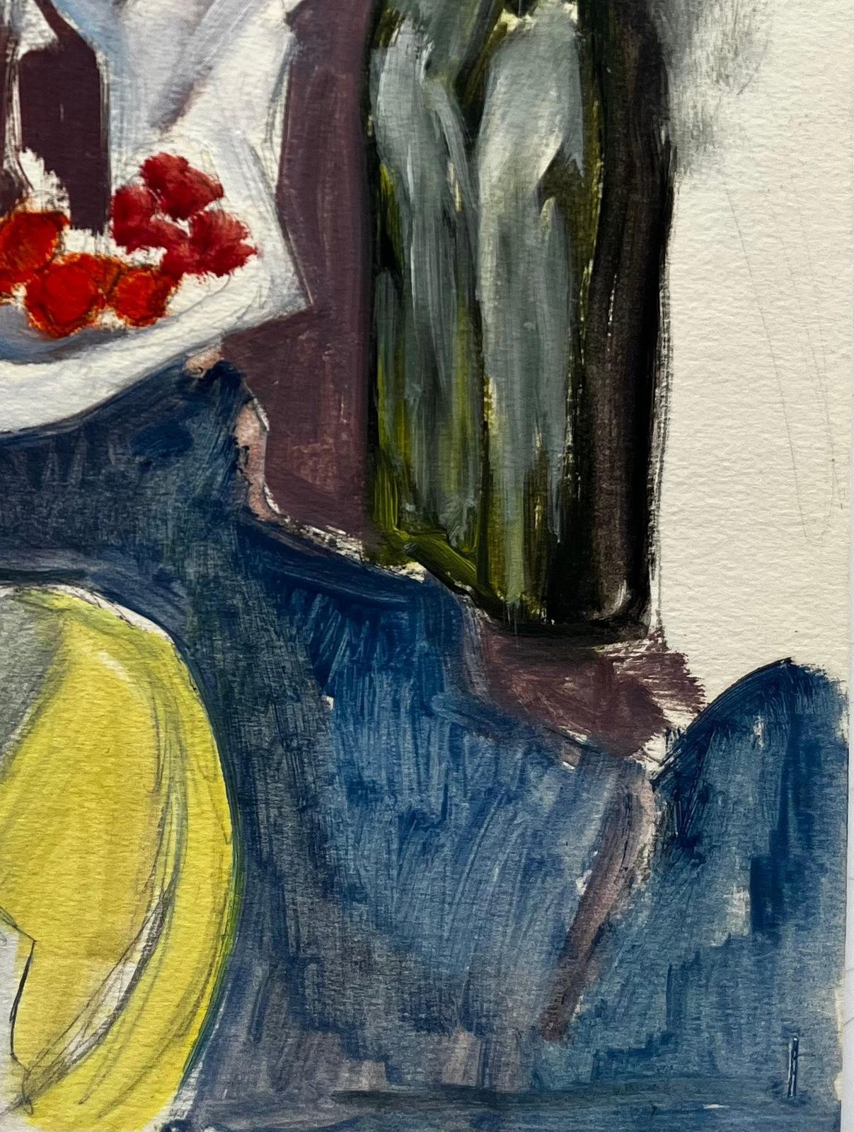 Guy Nicodmodernist Still Life With Wine Bottle Cake And Raspberries French Gouache photo Art