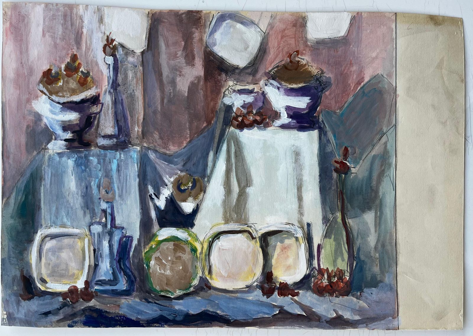 Guy Nicodmodernist Still Life With Bowls Bottles And Fruit French Gouache Painting photo furniture