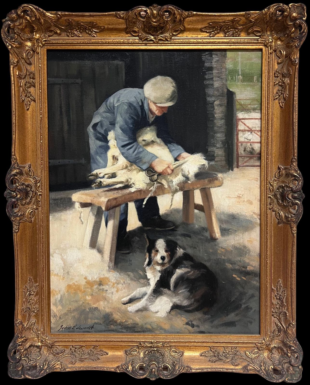 John Edwardsthe Sheep Shearer Shepherd With Border Collie Dog Traditional Rural Portrait Oil