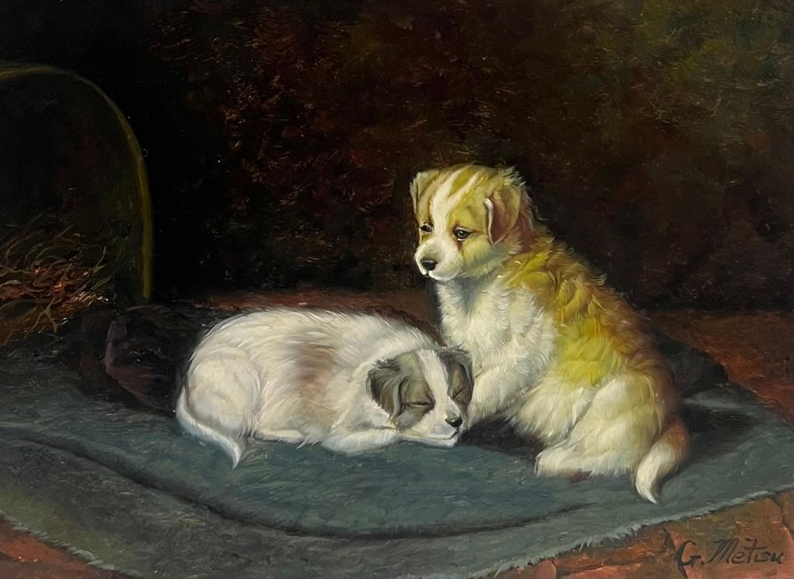 Continental Schoolportrait Of Two Puppies In Interior Room Setting Signed Oil Painting photo for sale