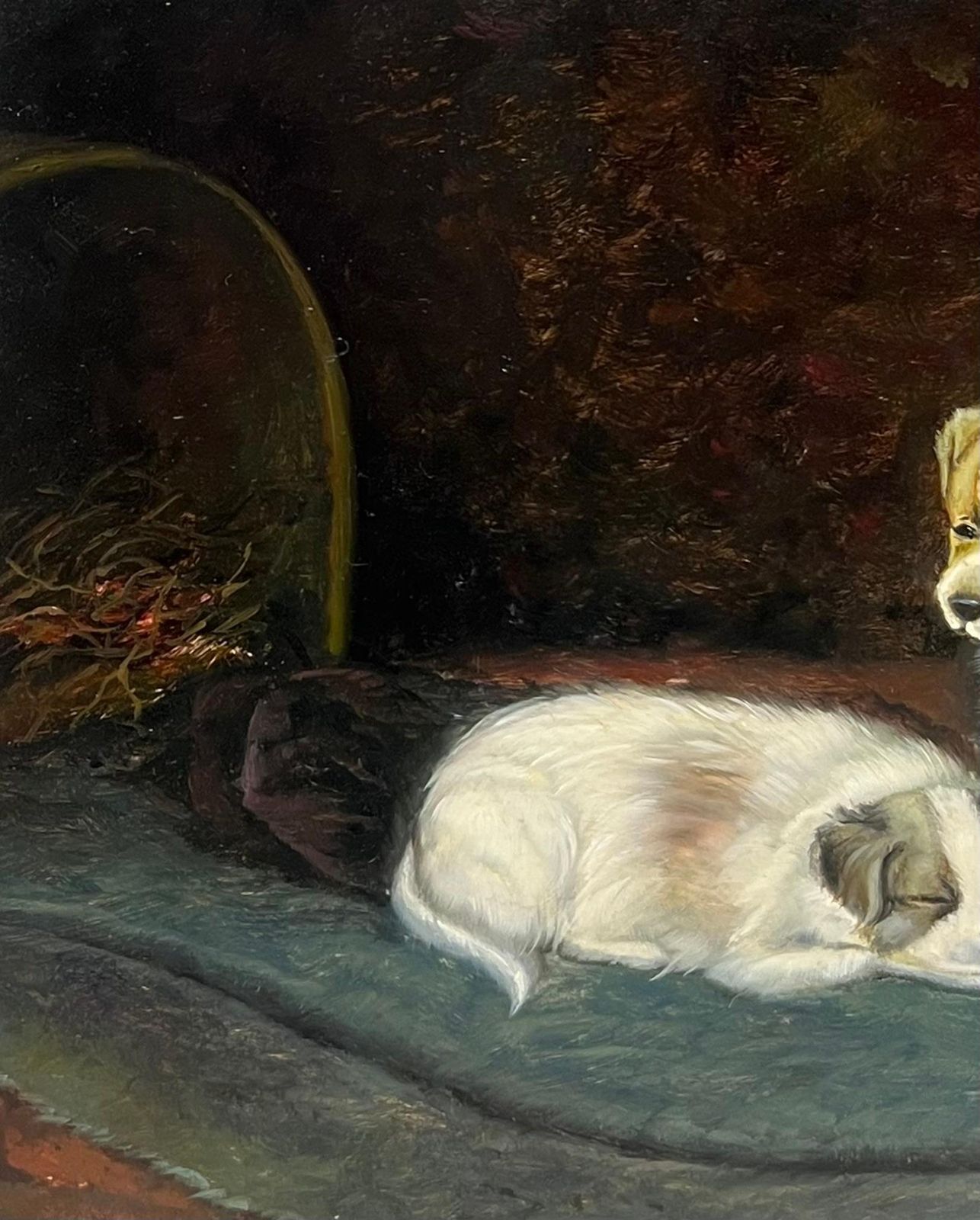 Continental Schoolportrait Of Two Puppies In Interior Room Setting Signed Oil Painting photo vinterior