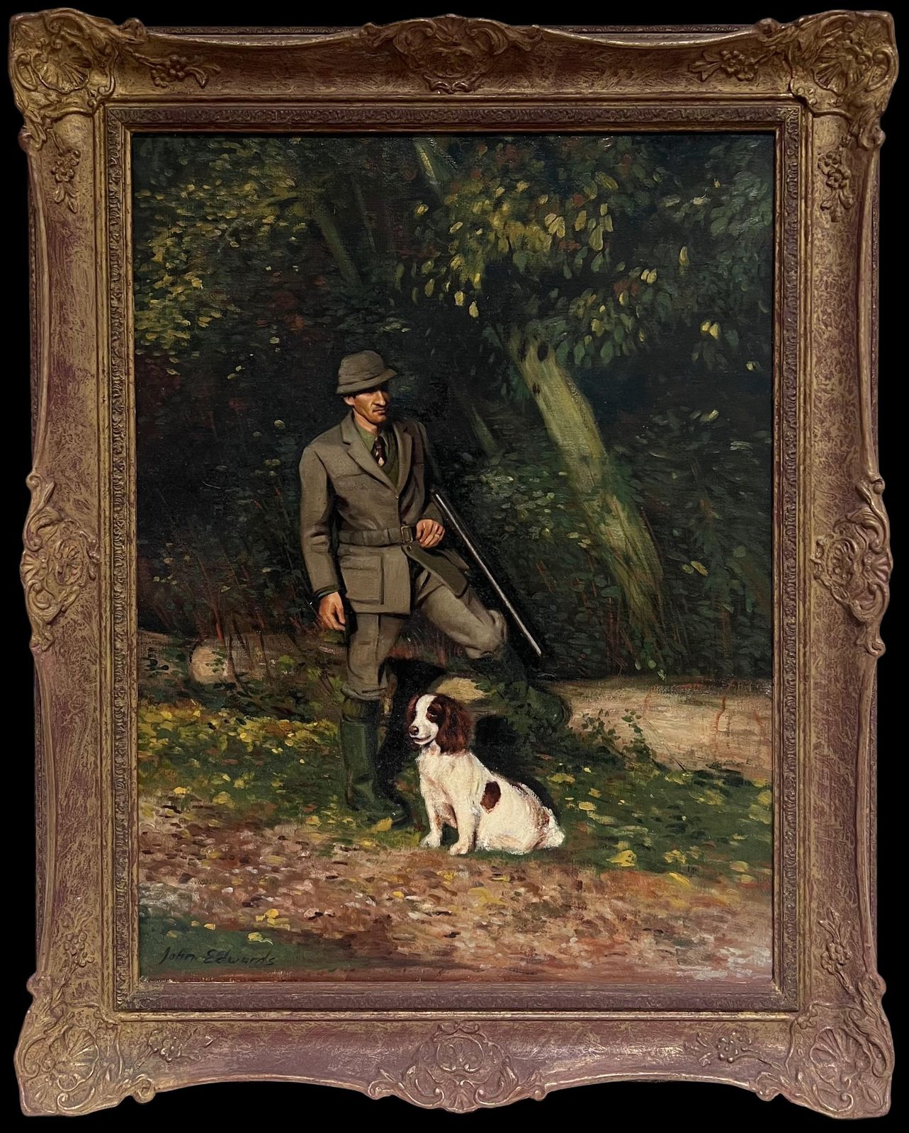 John Edwardsthe Game Keeper With Spaniel Dog Traditional Rural Life English Oil Painting