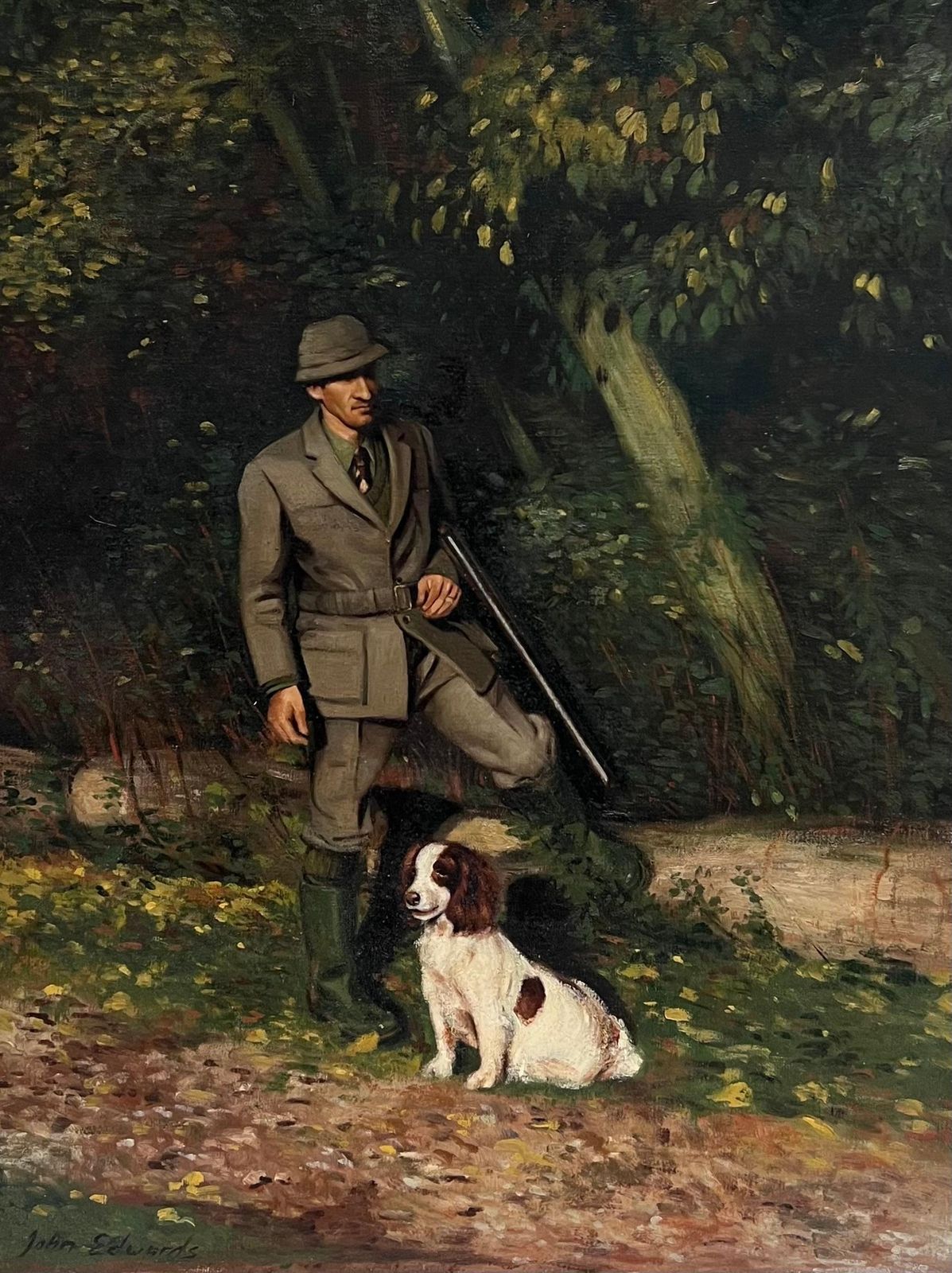 John Edwardsthe Game Keeper With Spaniel Dog Traditional Rural Life English Oil Painting photo furniture
