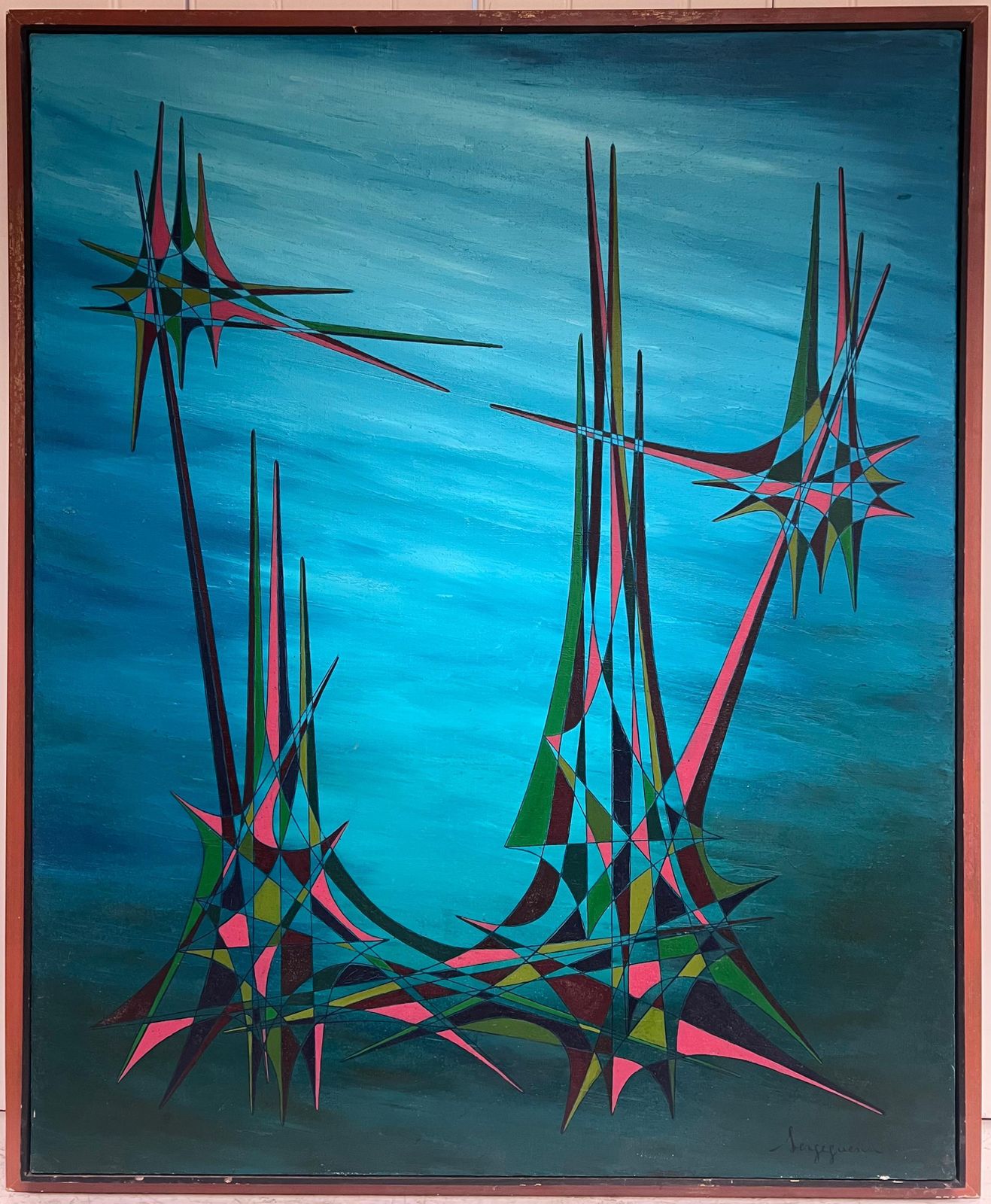 Serge Guerin (1916)20th Century French Geometric Abstract Surrealist Composition Large Oil Painting photo for sale