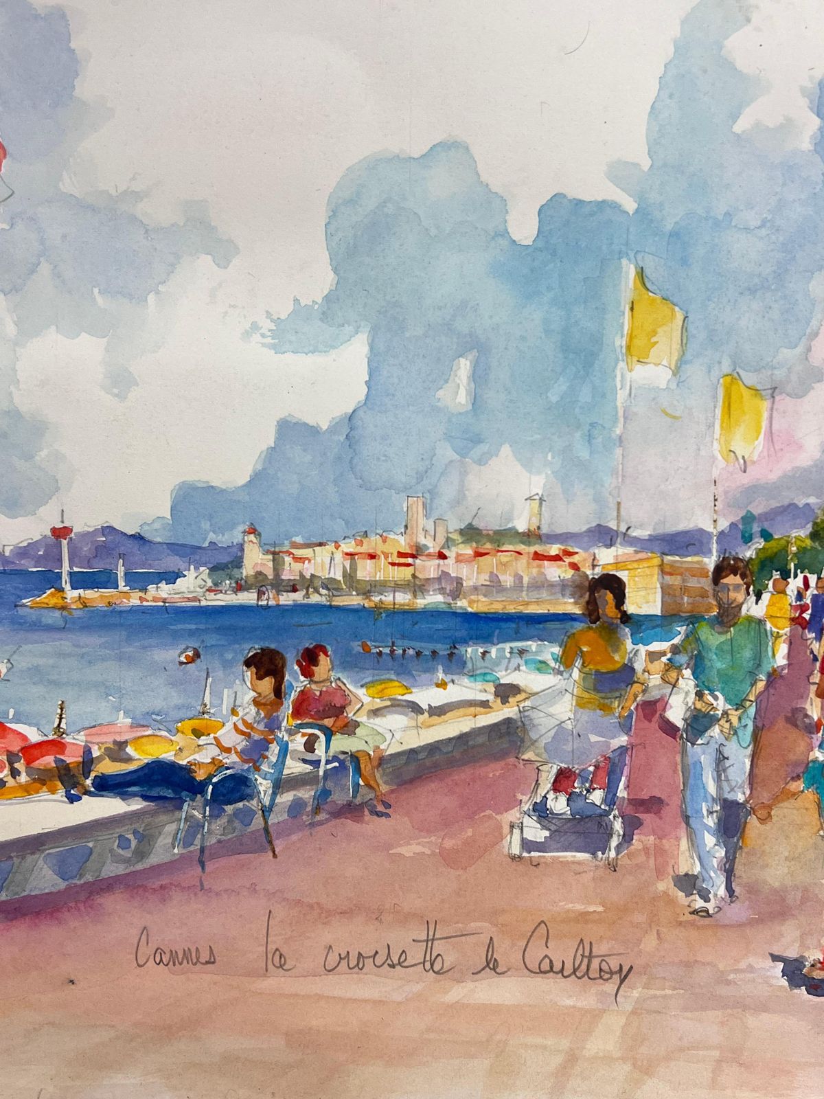 French Impressionistla Croissette Cannes Carlton Hotel Busy Beach & Figures Signed Original Painting photo 977.0