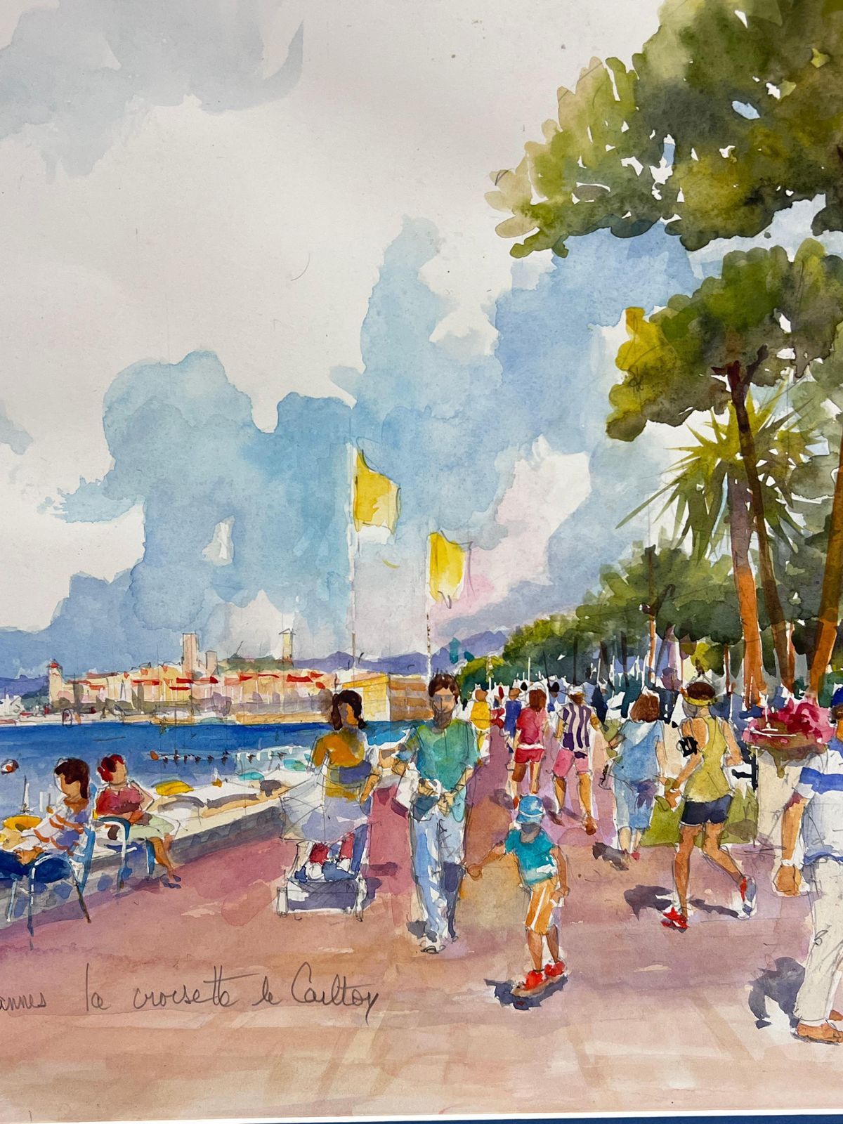 French Impressionistla Croissette Cannes Carlton Hotel Busy Beach & Figures Signed Original Painting photo buy
