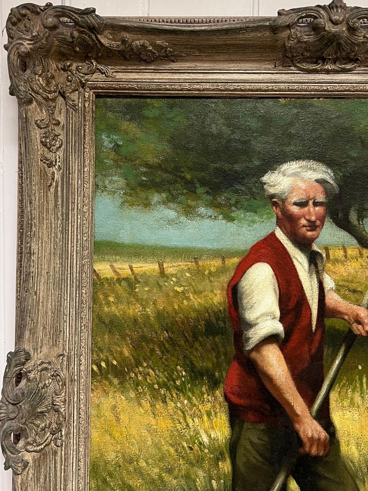 John Edwardstraditional Rural English Signed Oil Painting Hay Cutting Portrait With Scythe photo 950.0