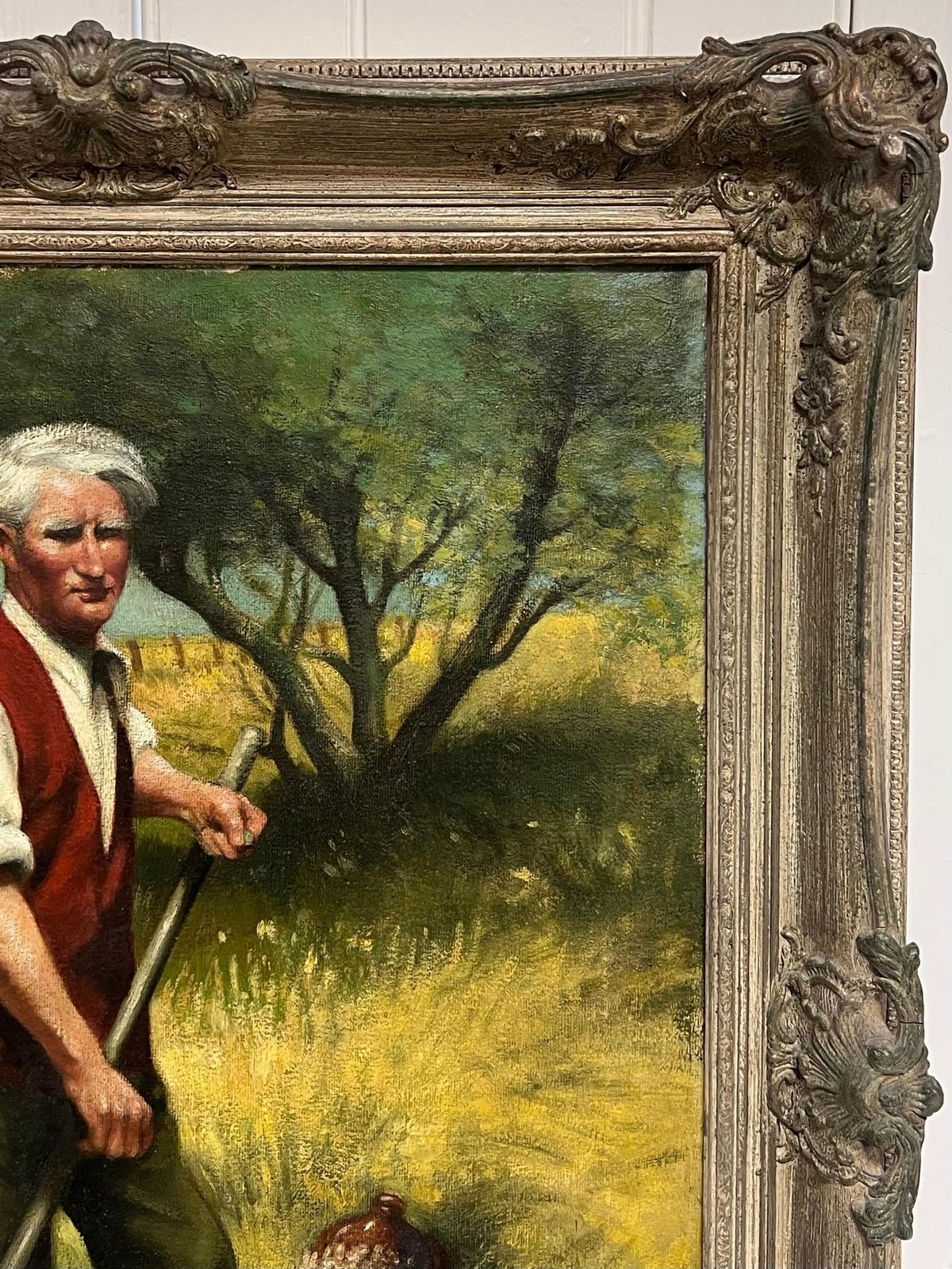 John Edwardstraditional Rural English Signed Oil Painting Hay Cutting Portrait With Scythe photo vinterior