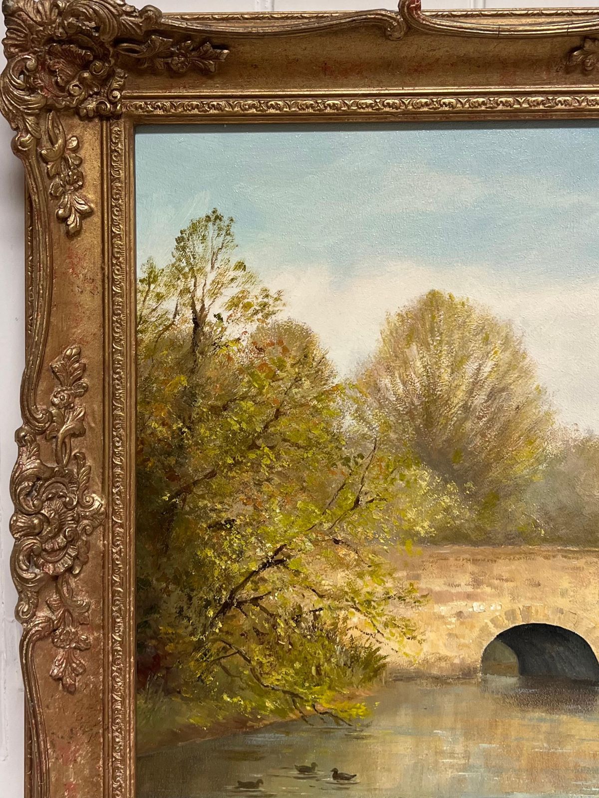 photo furniture E. J. Wilsonlarge Traditional English Rural Oil Painting River Landscape Old Stone Bridge