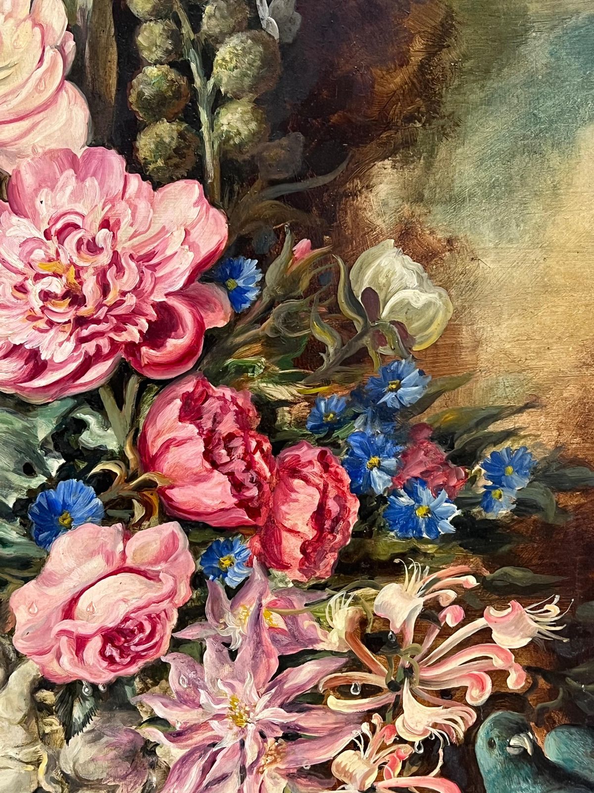 Antique Englishfine English Still Life Flowers Exotic Bird And Fruit Large Oil Painting Signed photo for sale
